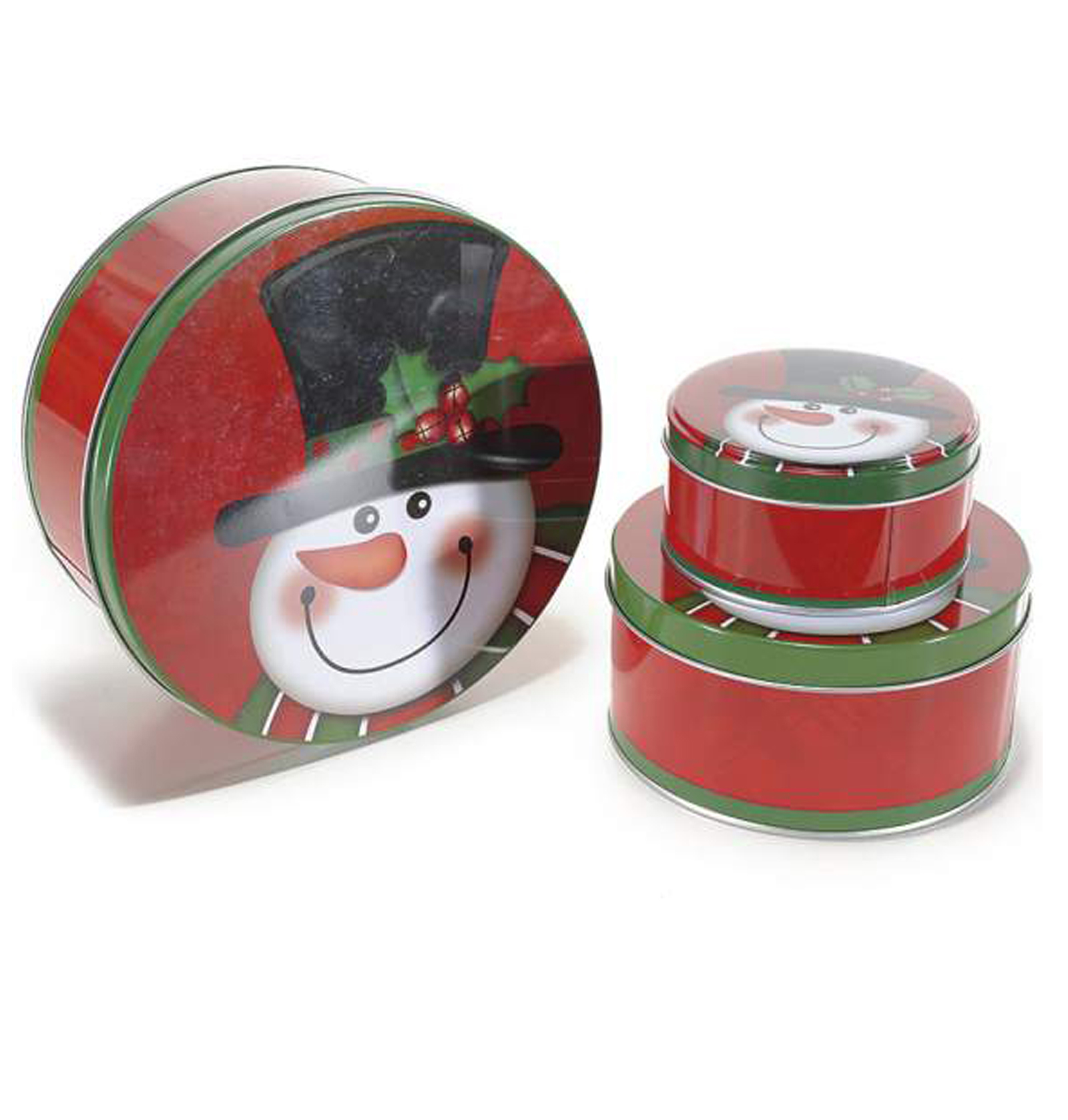 Scatole natalizie decorative tonde in metallo con decorazione pupazzo di neve in set da 3 pz.